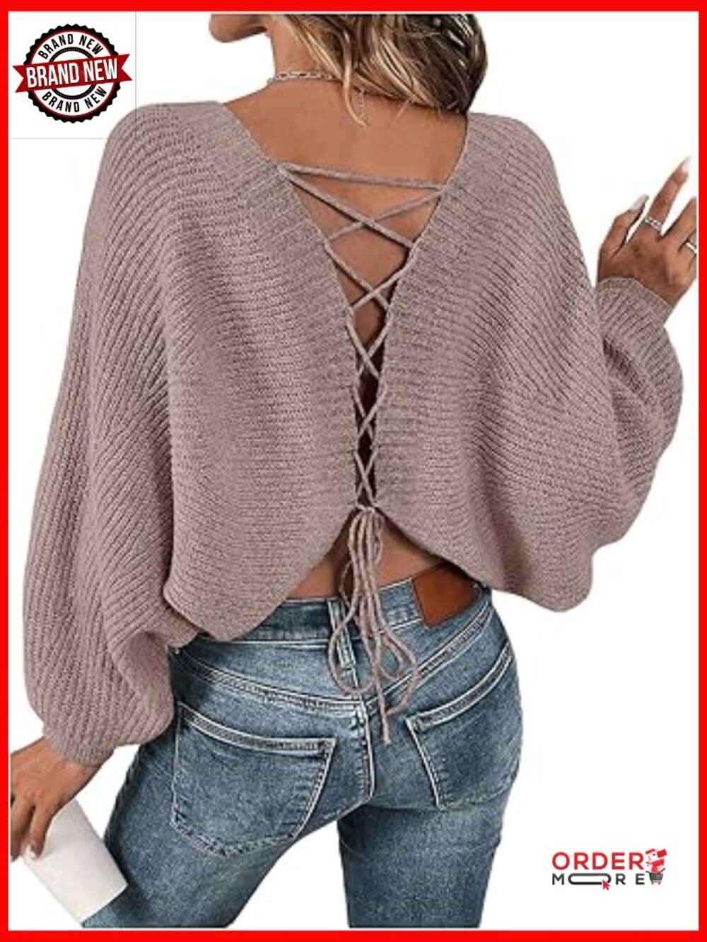 Off Shoulder Lace Up Open Back Sweater Long Sleeve Pullover